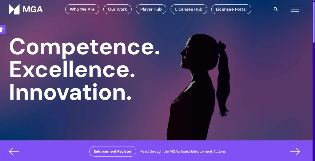 Startsida för Malta Gaming Authority med texten ”Competence. Excellence. Innovation.” bredvid en silhuett av en kvinna i profil.